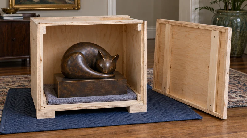 Wooden protection and sculpture support A bronze animal sculpture stands on a platform inside an open plywood crate.