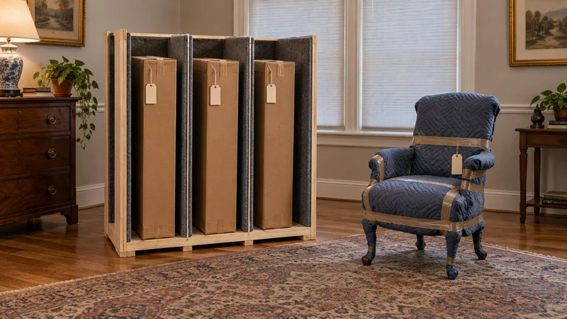 Separate identified receipts in holding Closed flat artwork packages and a protected chair occupy separate indoor positions.