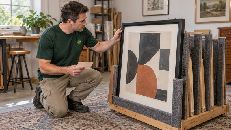 Condition review for a glazed print A mover checks the outer frame of a glazed print before choosing protection.