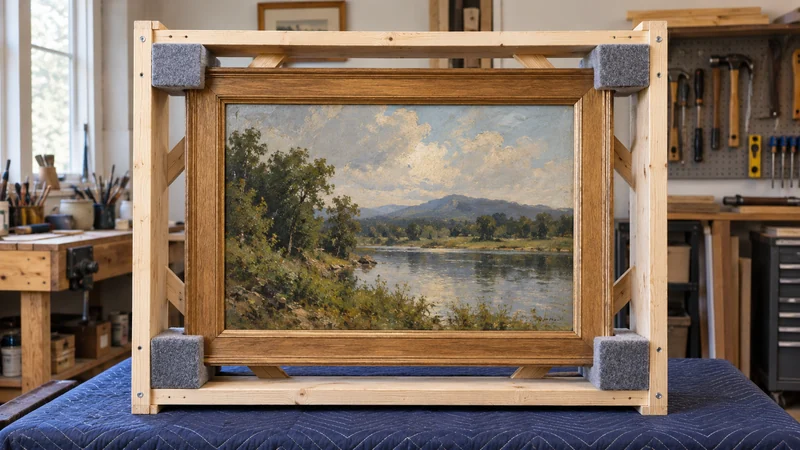 An open wooden travel frame A wooden support frame surrounds a recessed painting with clearance from its surface.