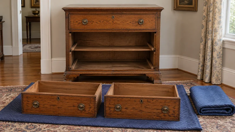 Empty the antique chest before wrapping An empty antique chest stands beside removed drawers resting on one quilt.