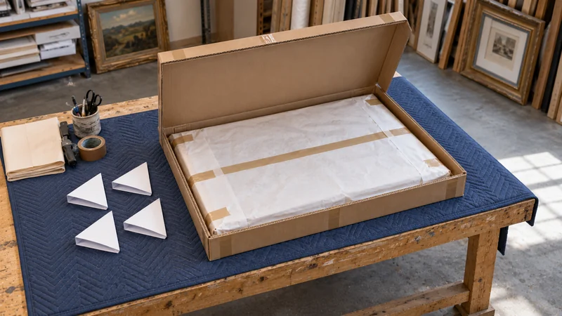 A fitted cardboard soft crate Paper-covered artwork sits inside shaped double-wall cardboard panels.