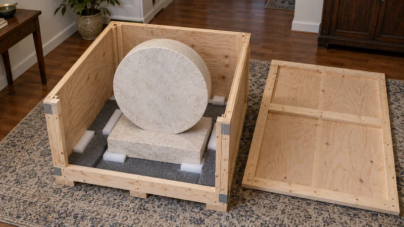 Preliminary support for limestone A small limestone disk sculpture on a broad base sits inside an open reinforced crate.