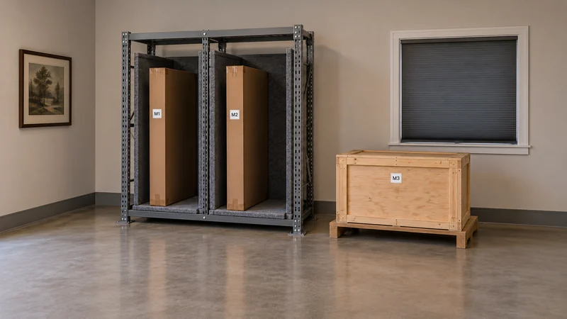 Closed works with an inventory Labelled artwork packages stand separated in a padded rack beside an identified wooden crate.