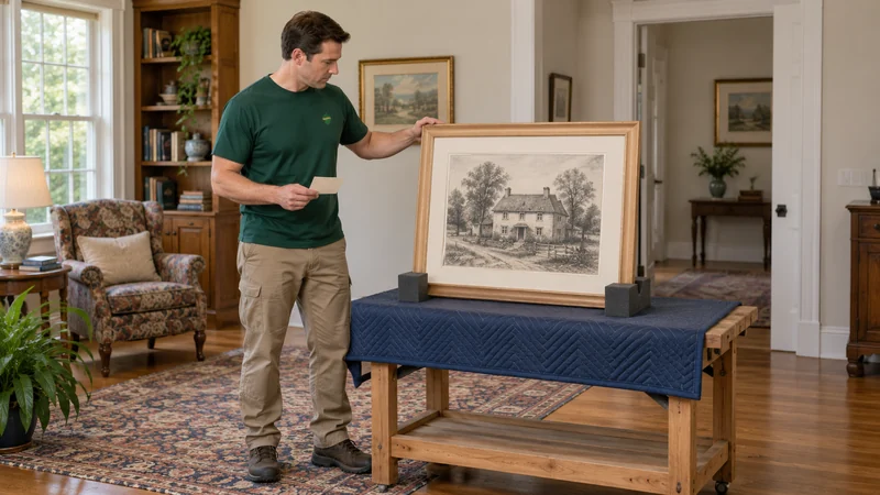 Review a framed family drawing A mover records a framed drawing resting in a low padded cradle.