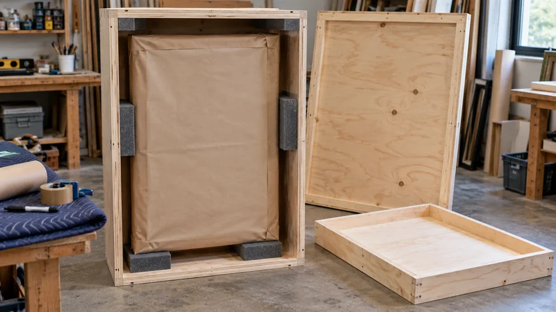 A wooden crate fitted to the frame An open reinforced crate supports a fully paper-covered framed work.