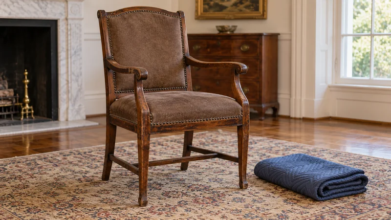 Check the antique chair before wrapping An empty antique wooden armchair stands beside a folded moving quilt.