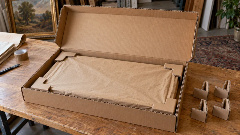 Fitted soft-crate construction A closed paper-covered frame fits inside a shallow corrugated enclosure.