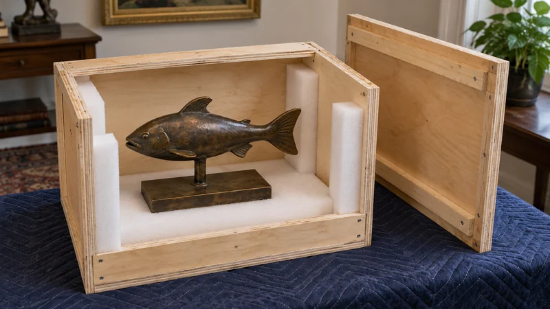 Support a bronze sculpture at its base A small bronze fish sculpture stands on a broad plinth in an open crate.