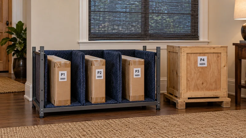 Identify closed packages for return Closed identified artwork packages sit in separate padded rack slots.