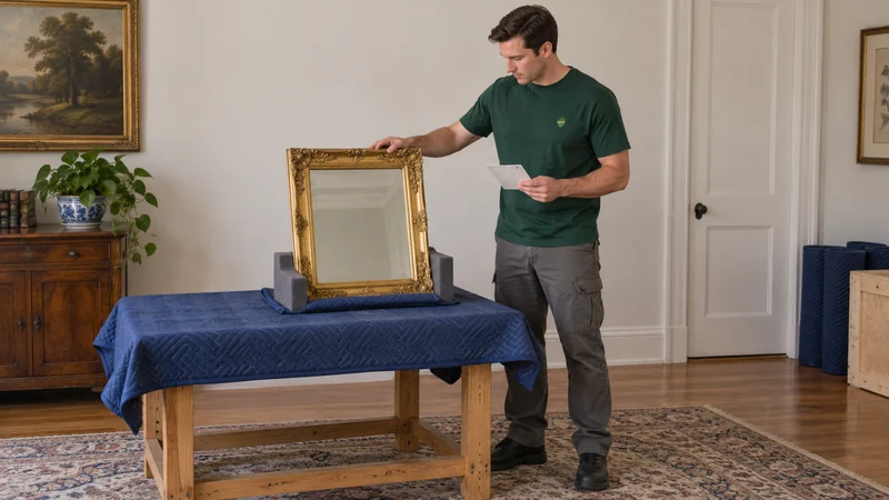 A mover examines the outer frame of a small gilt mirror on a padded support.
