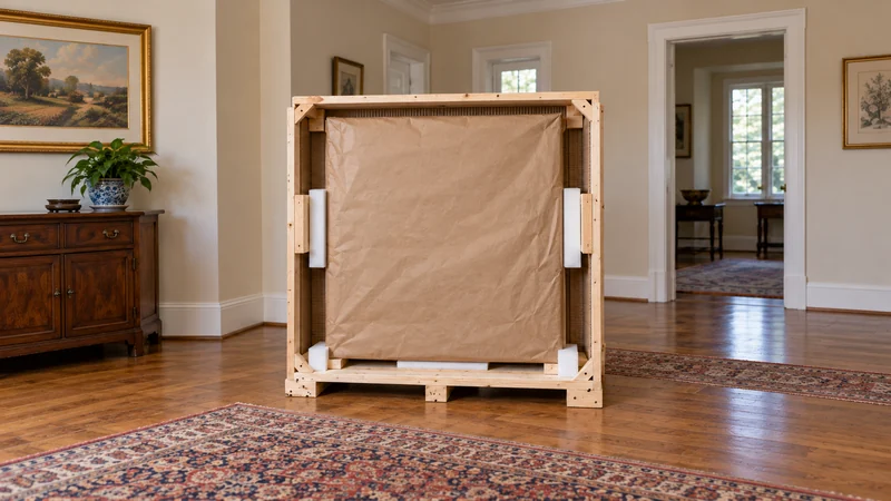 A fully paper-covered frame sits in an open reinforced wooden support.