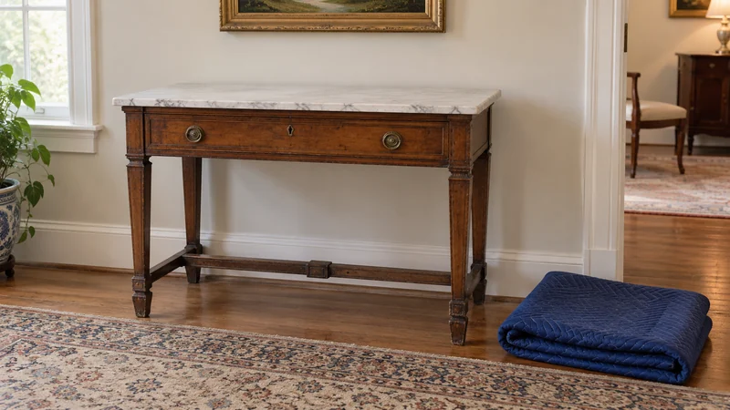 A bare antique console with a marble top stands beside a folded quilt.