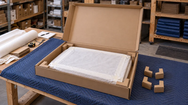 A closed paper-covered framed piece fits inside a shallow cardboard soft crate.
