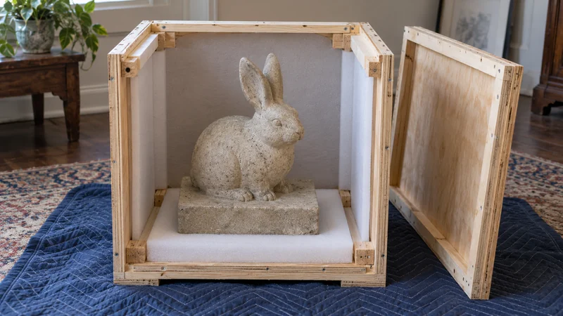 A small limestone rabbit on a broad plinth sits in an open lined crate.