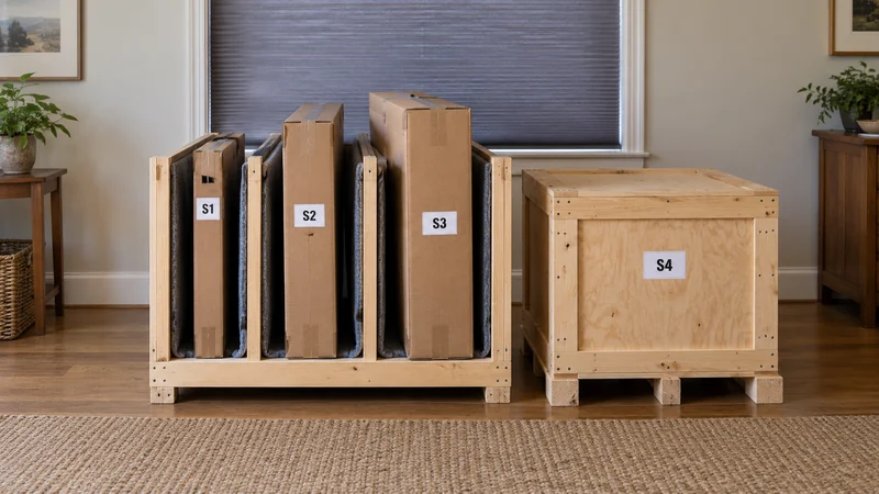Identified closed artwork packages occupy separate padded rack slots.