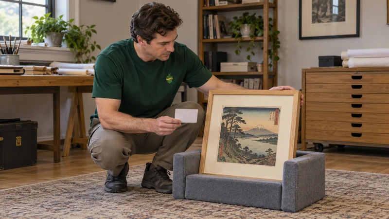Inventory a framed print A mover reviews the outer frame of a glazed landscape print before packing.