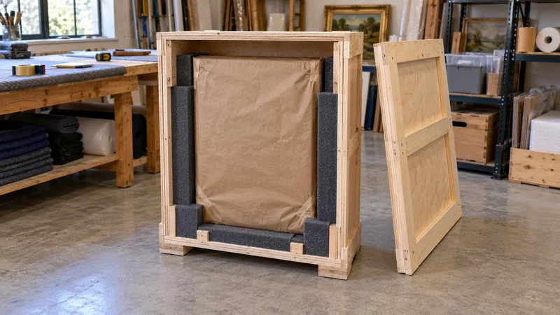 A wooden enclosure matched to the work An open plywood crate supports a fully paper-covered framed work.