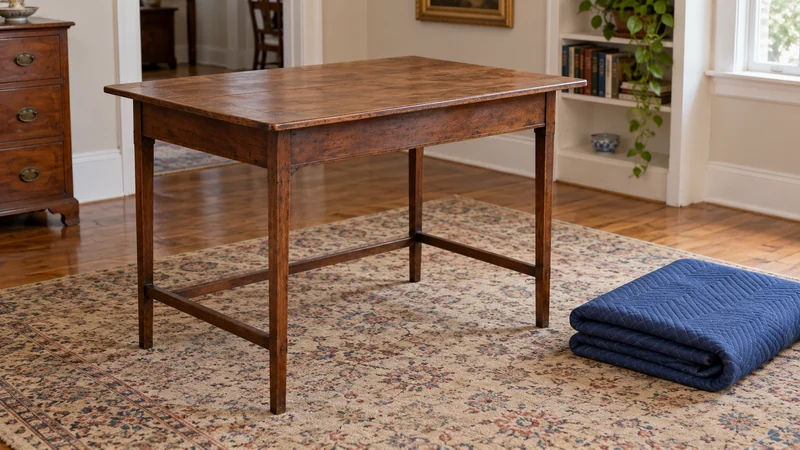 Review the old table’s construction A bare antique occasional table stands beside a folded moving quilt.