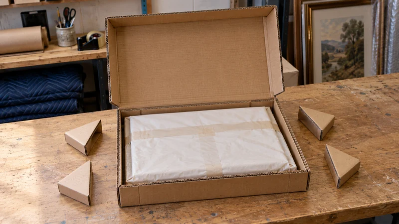 Fitted double-wall cardboard A closed paper-covered framed work sits inside a partly open soft crate.