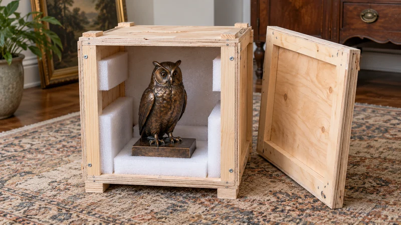 Base support and projection clearance A small bronze owl on a broad plinth sits inside an open reinforced crate.