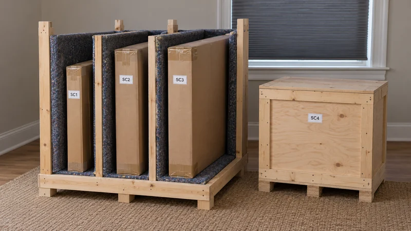 Identified closed works in holding Three labelled closed artwork packages occupy separate padded rack slots.