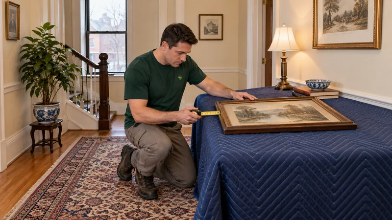 A mover measuring the outside of a framed print before planning its protection.