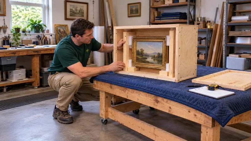 A mover reviewing frame supports and clearance in an open wooden crate.