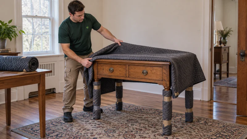 An antique writing desk with separate quilted protection around its body and legs.