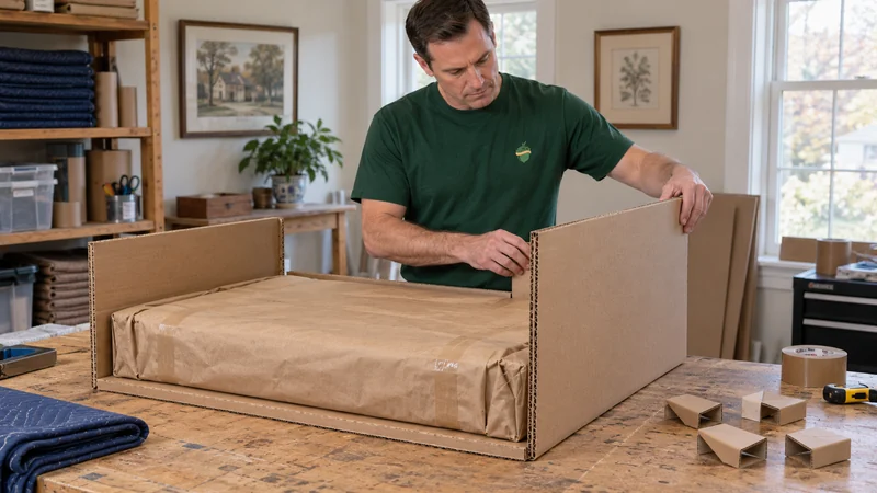 Fitted double-wall cardboard panels surrounding a paper-wrapped framed piece.