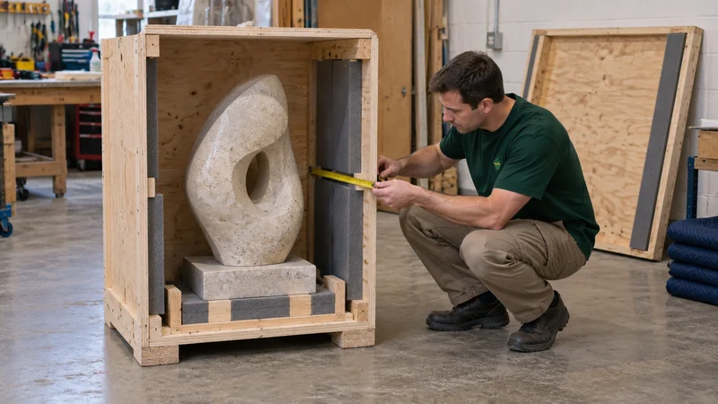 A preliminary support and clearance review for a stone sculpture in a reinforced crate.