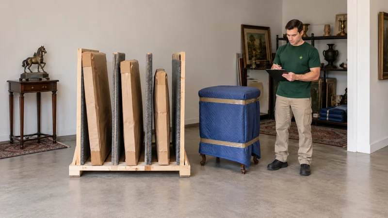 Protected paintings separated in a support rack beside a blanket-covered antique cabinet.