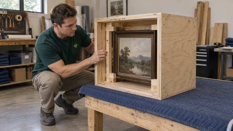 Wooden enclosure and frame clearance A mover reviewing frame supports and clearance in an open wooden crate.