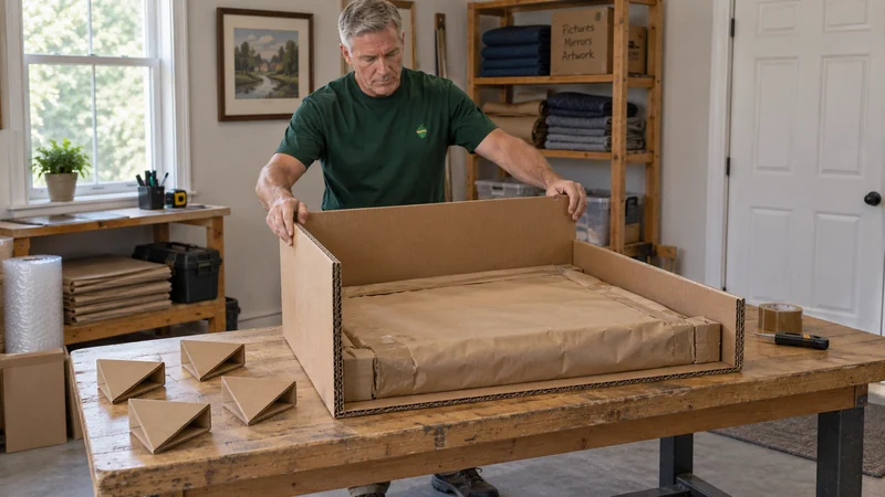Fitted cardboard soft crate Fitted double-wall cardboard panels surrounding a paper-wrapped framed piece.