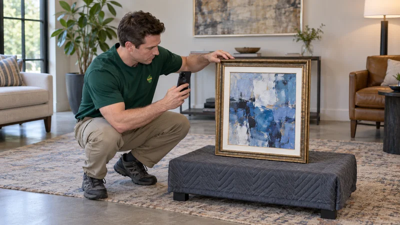 Framed artwork inventory and condition A mover records a framed glazed work while holding its strong outer frame.