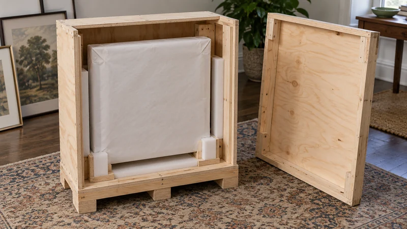 Paper-covered frame in a plywood enclosure A prepared framed work rests inside an open fitted plywood crate.