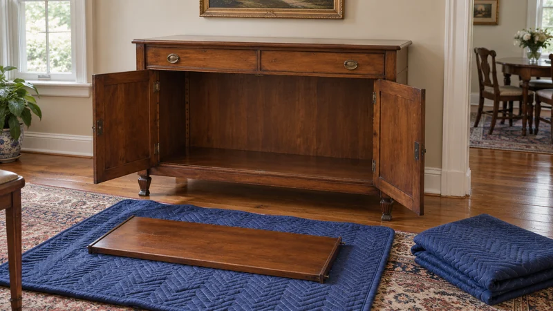 Sideboard preparation before wrapping An empty antique sideboard has its loose shelf placed on a quilt.