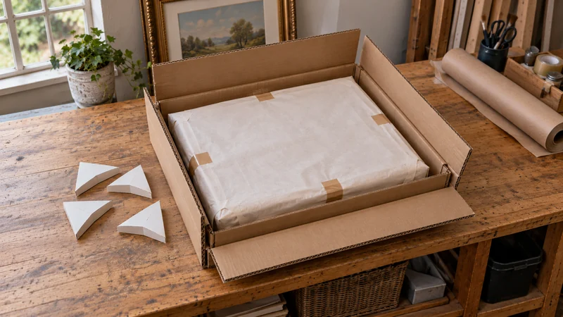 Made-to-fit cardboard enclosure A closed paper-covered framed work sits inside fitted double-wall cardboard panels.