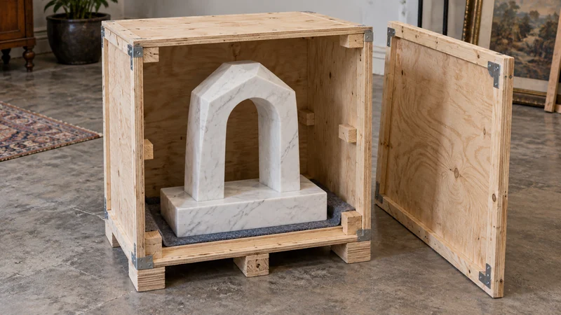 Support for a brittle sculpture A small marble sculpture stands on broad supports inside an open reinforced crate.