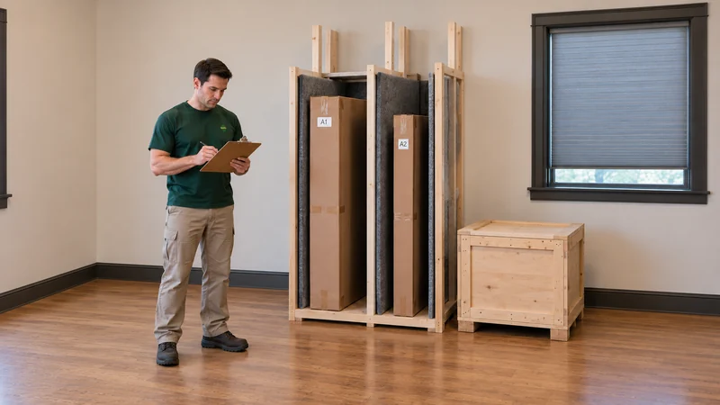 Condition records accompany closed works Closed artwork packages stand separated while a mover checks a plain inventory sheet.