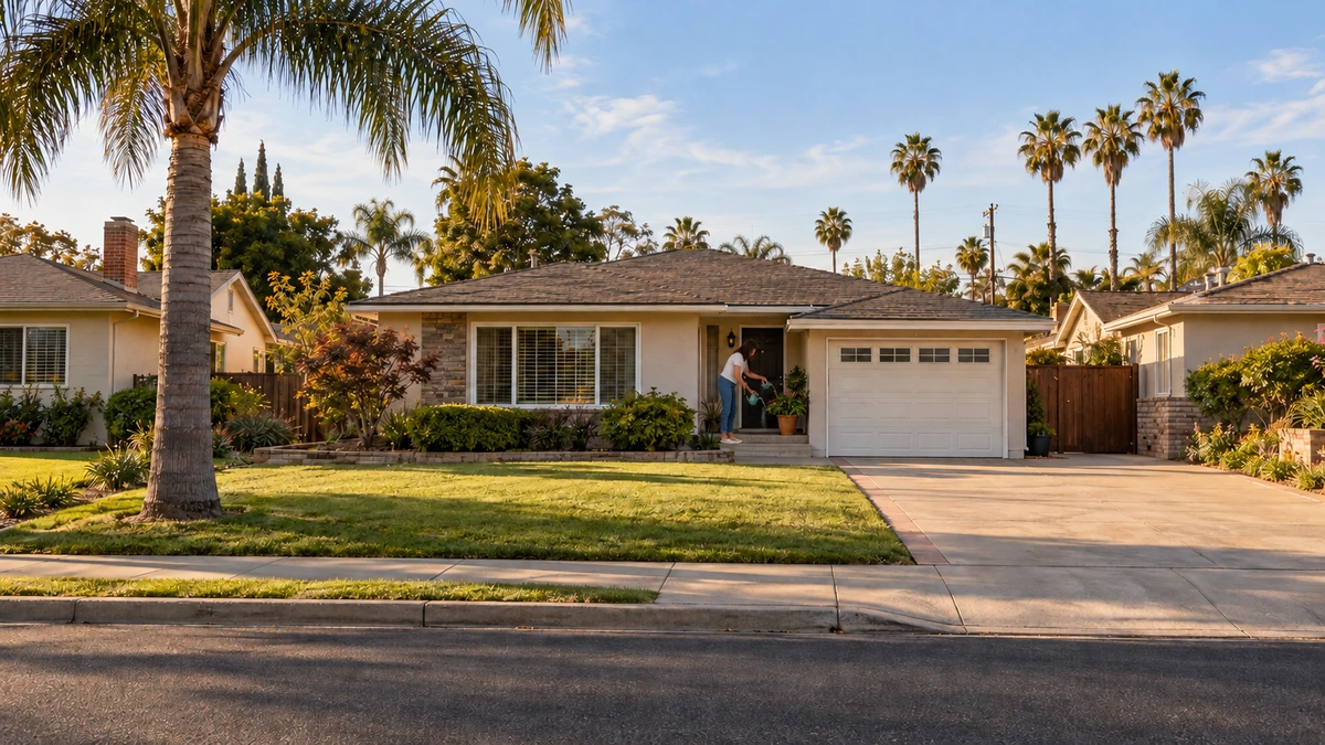 A resident waters a plant beside the front door of an Anaheim-style single-story home.