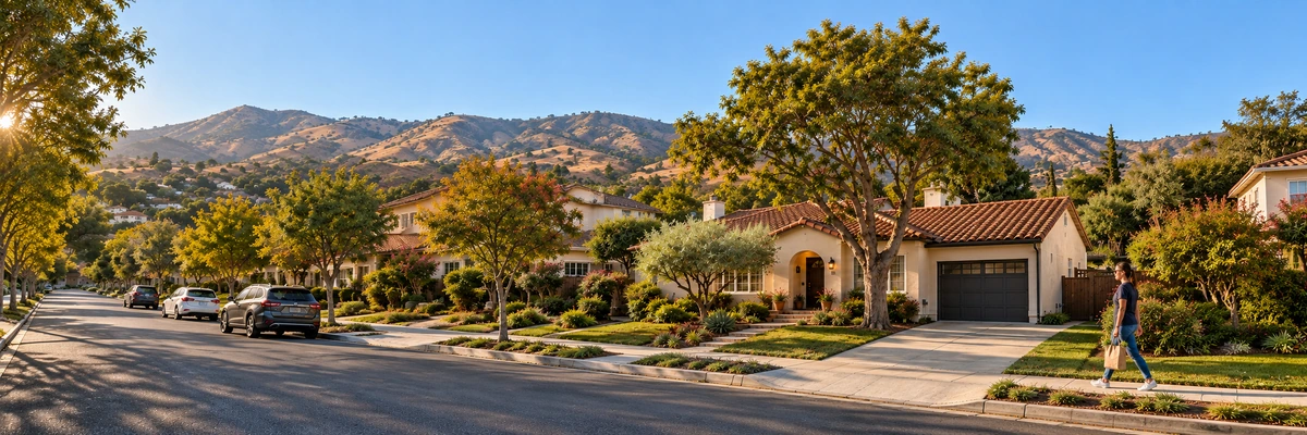 A walk through a California neighborhood A resident carries a grocery bag along the sidewalk beside tile-roof California homes, with parked cars and dry hills beyond.