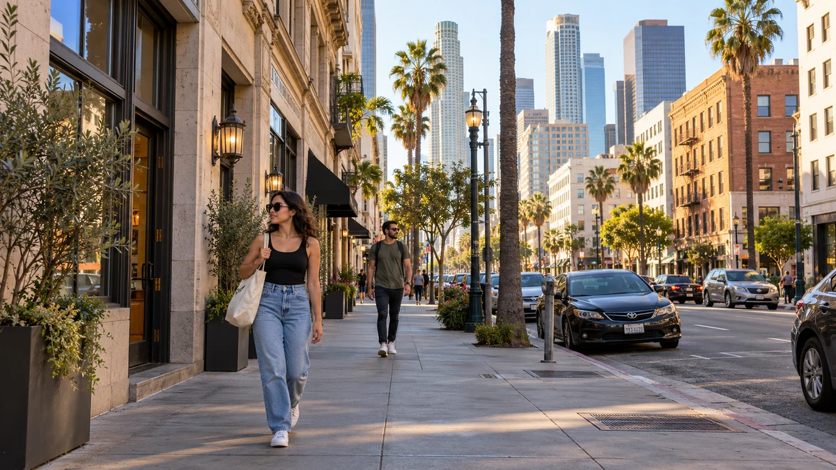 Residents walk along a broad Los Angeles-style sidewalk between historic commercial buildings and a downtown skyline.
