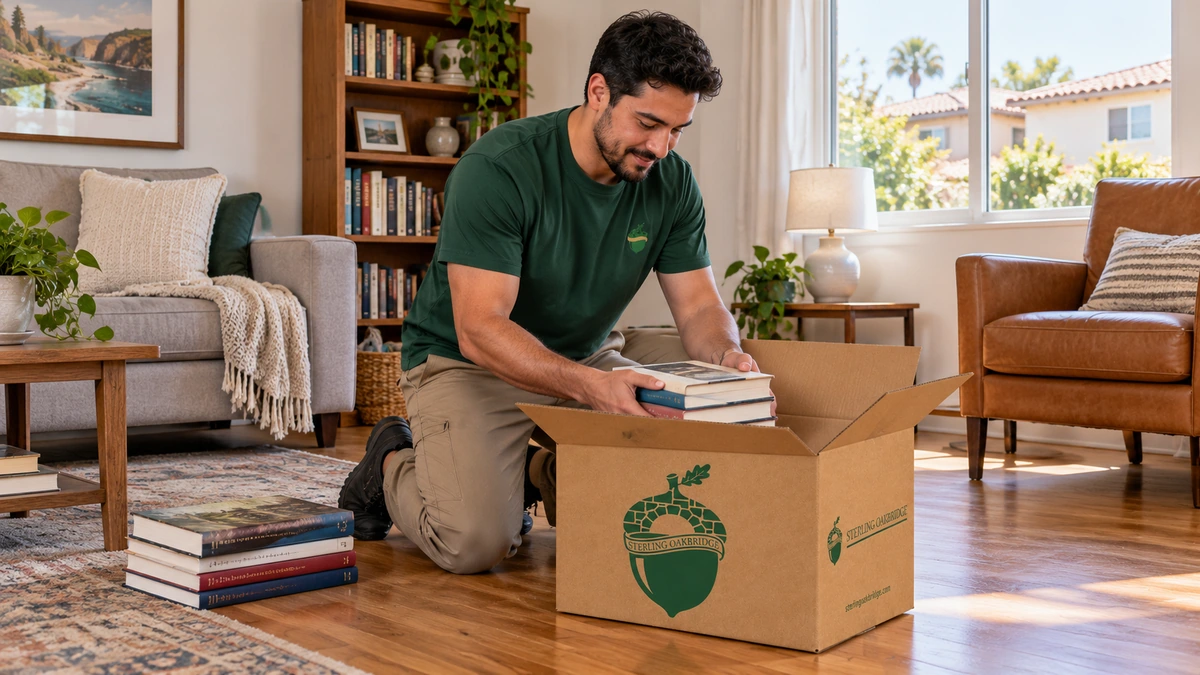A mover kneels beside an open kraft carton and lowers a small stack of books through its opening.