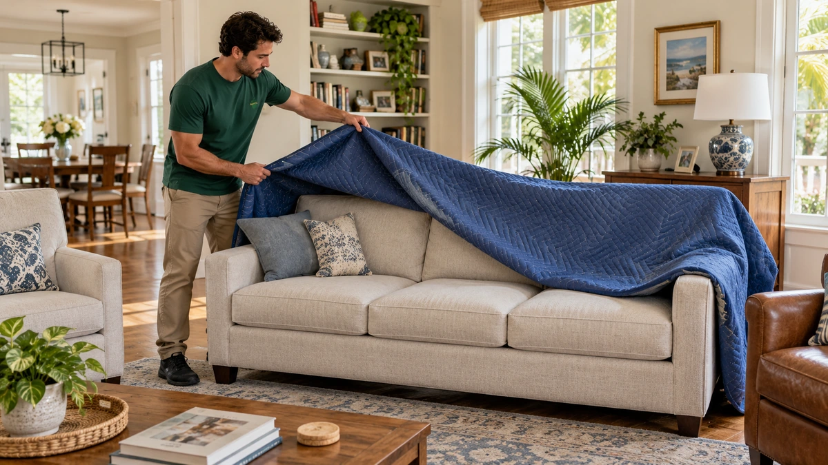 A mover lifts a blue moving blanket off a sofa standing on its legs in a furnished living room.
