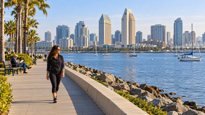 A woman walks beside a bayfront promenade while another resident reads on a bench, with sailboats and a San Diego-style skyline beyond.