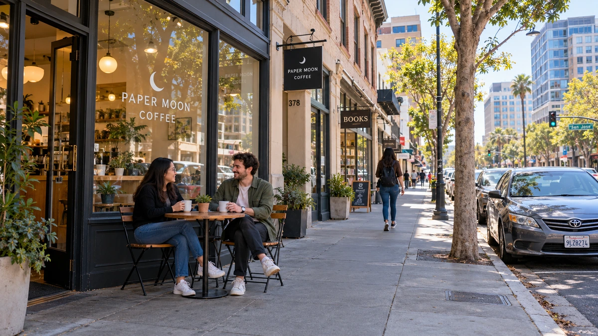 Two residents sit outside a café while another walks along a San Jose-style downtown sidewalk.