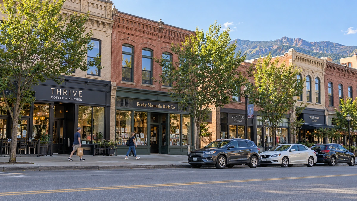 A Colorado Springs neighborhood center Two residents walk beside historic-style brick storefronts on a Colorado Springs street, with low foothills behind.