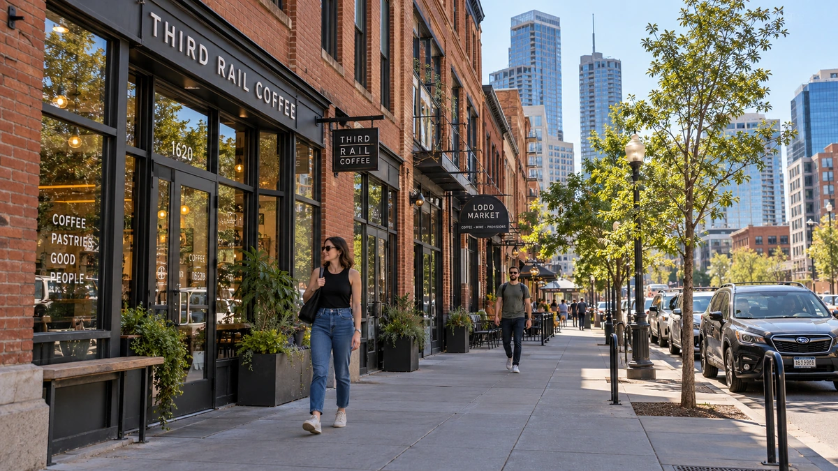 Denver’s city neighborhoods A pair of residents walks at different distances along a Denver-style sidewalk beside brick storefronts and city towers.