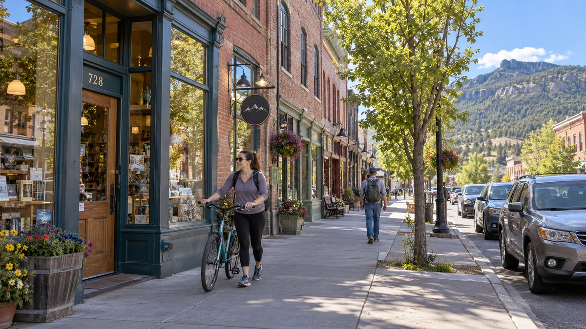 Everyday life in Durango A resident walks a bicycle past brick shops in a Durango-style downtown, with hills behind the town.